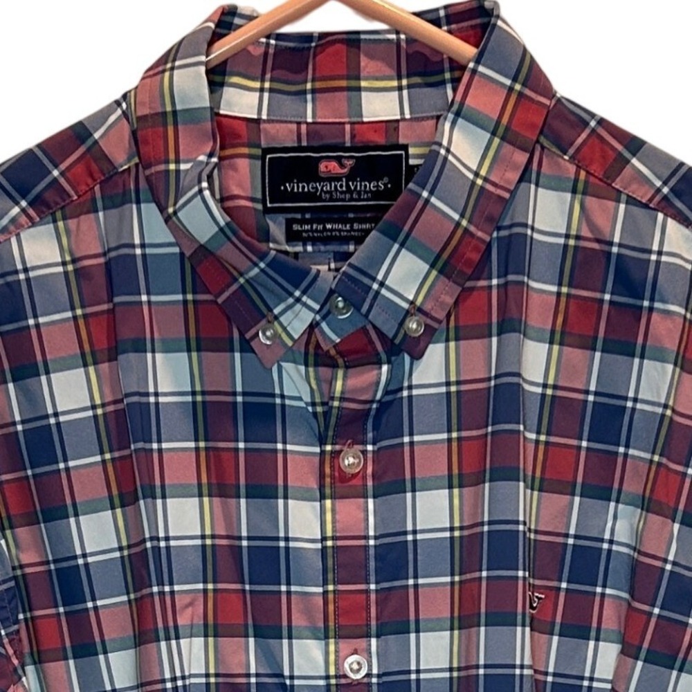Vineyard Vines Men's Slim Fit Whale Shirt Red Blue Plaid Nylon Stretch XXL